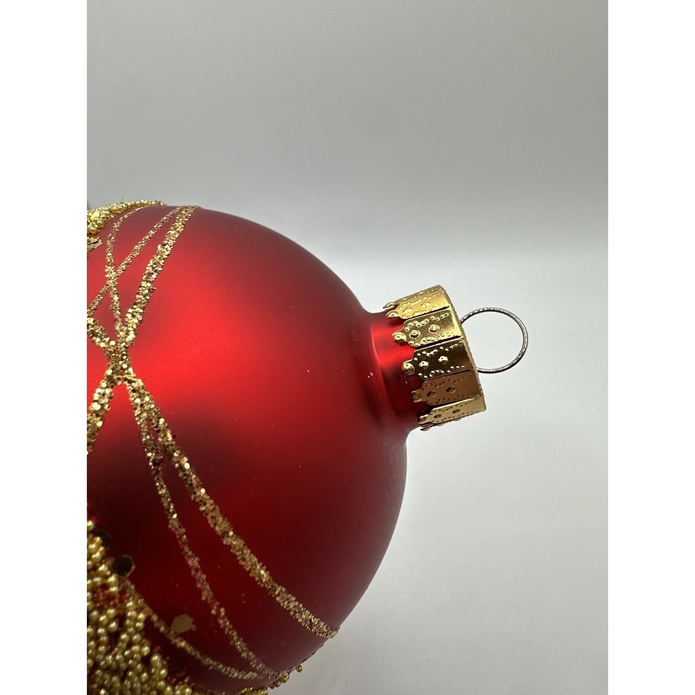 VTG Red Glass Christmas Ball Ornament Gold Glitter Beaded Stripe Holiday Decor